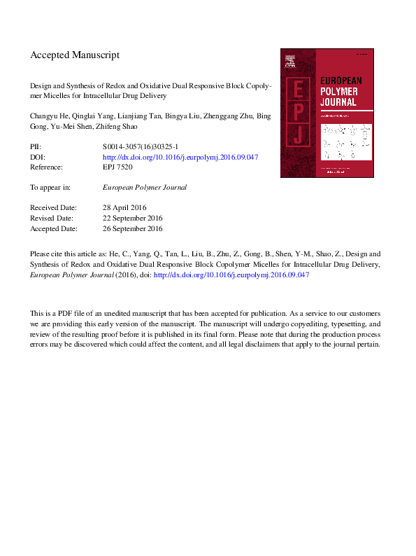 (PDF) Design and synthesis of redox and oxidative dual responsive block ...