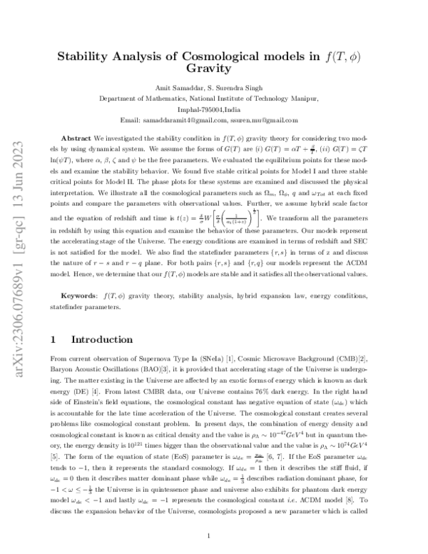 (PDF) Stability Analysis of Cosmological models in $f(T,\phi)$ Gravity