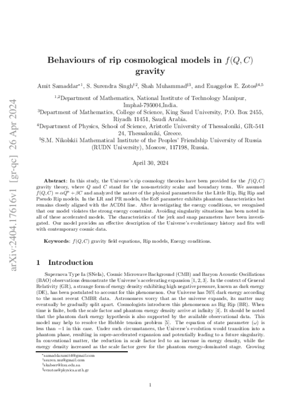 (PDF) Behaviours of rip cosmological models in $f(Q,C)$ gravity