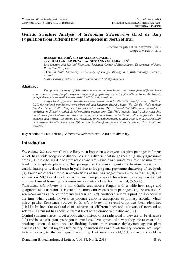 (PDF) Genetic Structure Analysis of Sclerotinia Sclerotiorum (Lib.) de ...