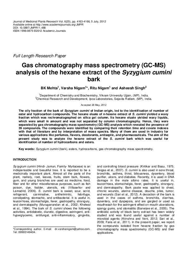 (PDF) Gas chromatography mass spectrometry (GC-MS) analysis of the ...