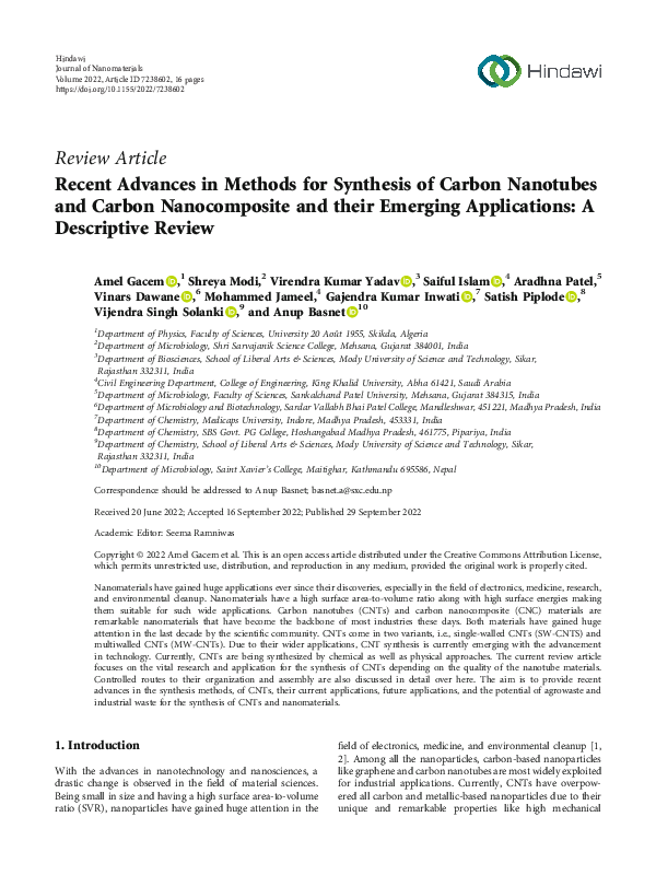 (PDF) Recent Advances in Methods for Synthesis of Carbon Nanotubes and ...