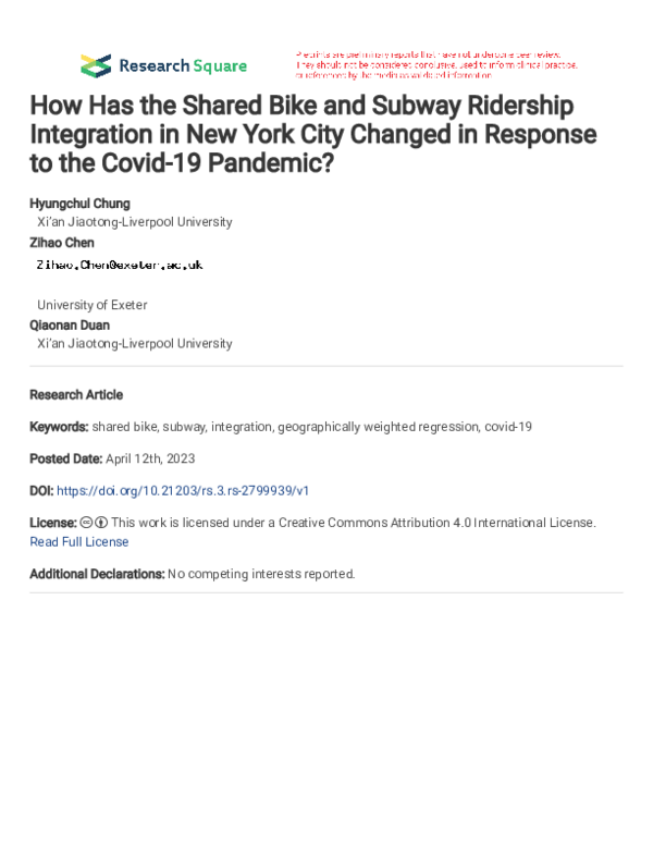 (PDF) How Has the Shared Bike and Subway Ridership Integration in New ...