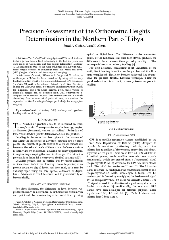 (PDF) Precision Assessment Of The Orthometric Heights Determination In ...