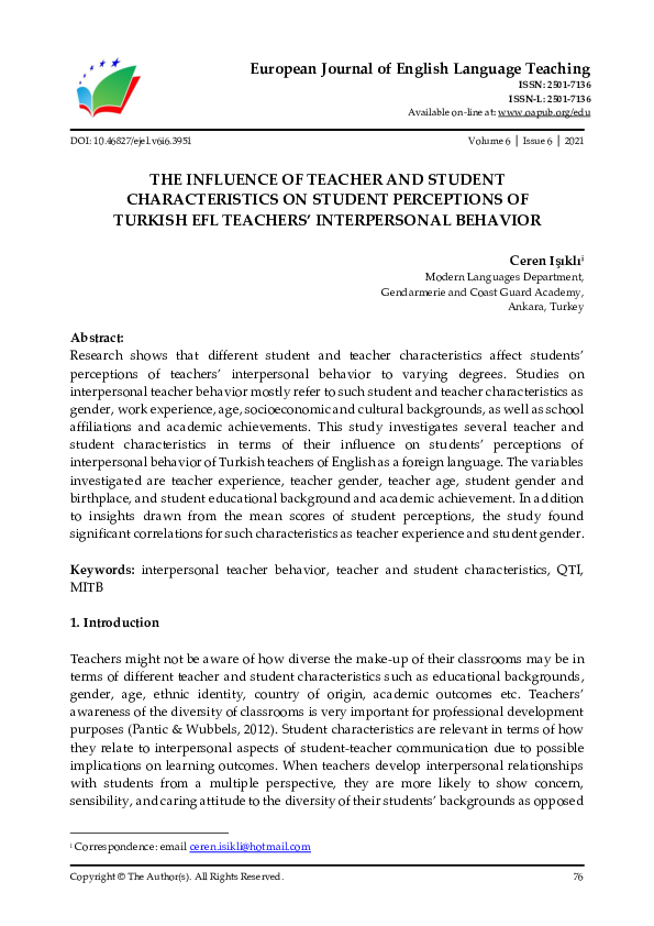 (PDF) The Influence of Teacher and Student Characteristics on Student ...