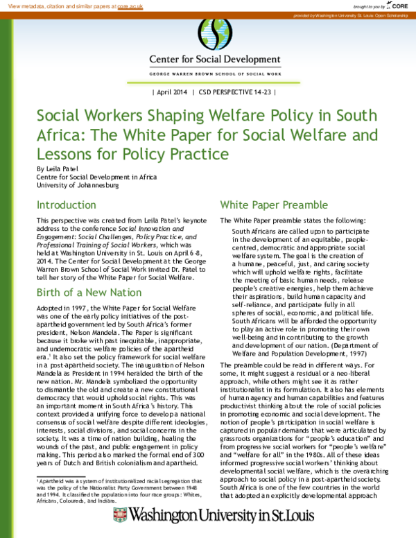 (PDF) Social Workers Shaping Welfare Policy in South Africa: The White ...