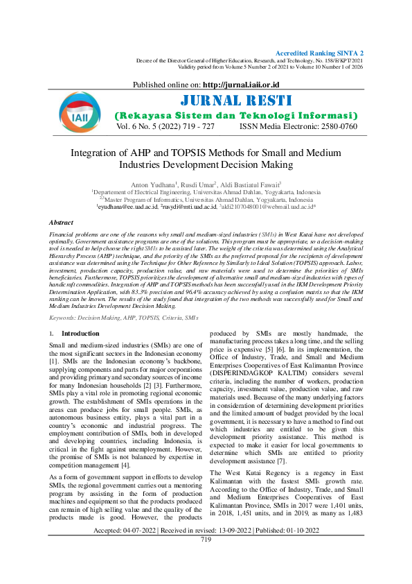(PDF) Integration Integration of AHP and TOPSIS Methods for Small and ...