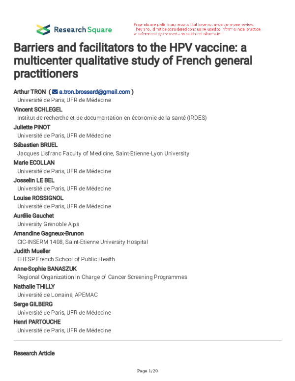 (PDF) Barriers and facilitators to the HPV vaccine: a multicenter ...