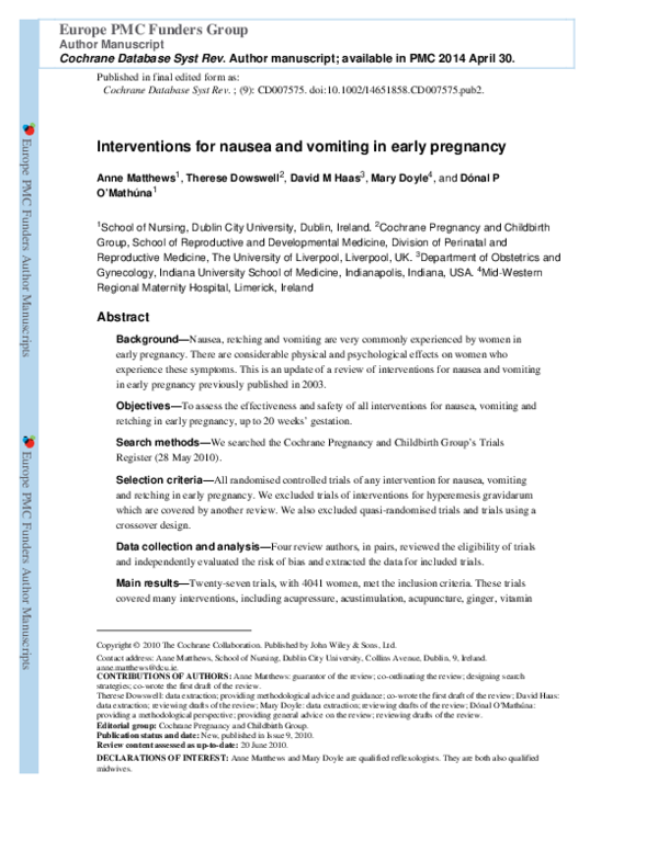 (PDF) Interventions for nausea and vomiting in early pregnancy