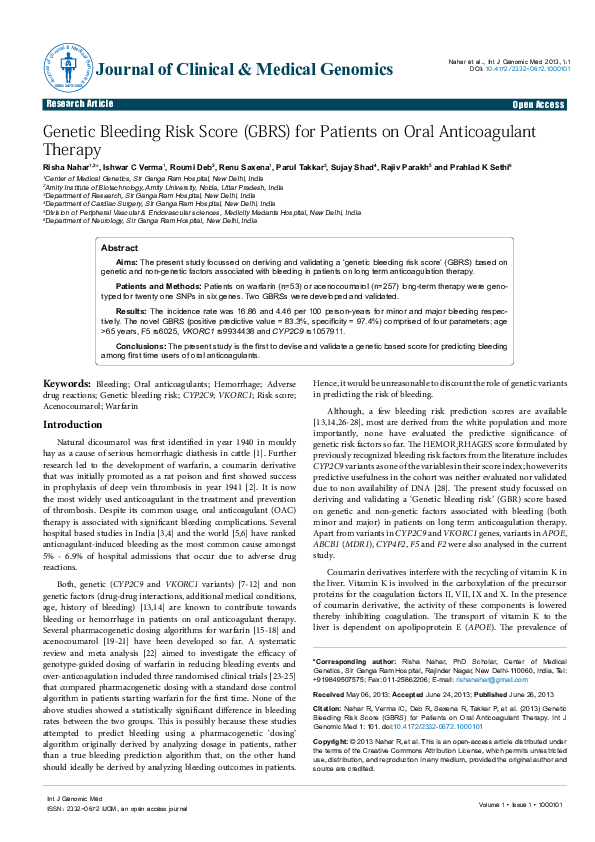 (PDF) Genetic Bleeding Risk Score (GBRS) for Patients on Oral ...