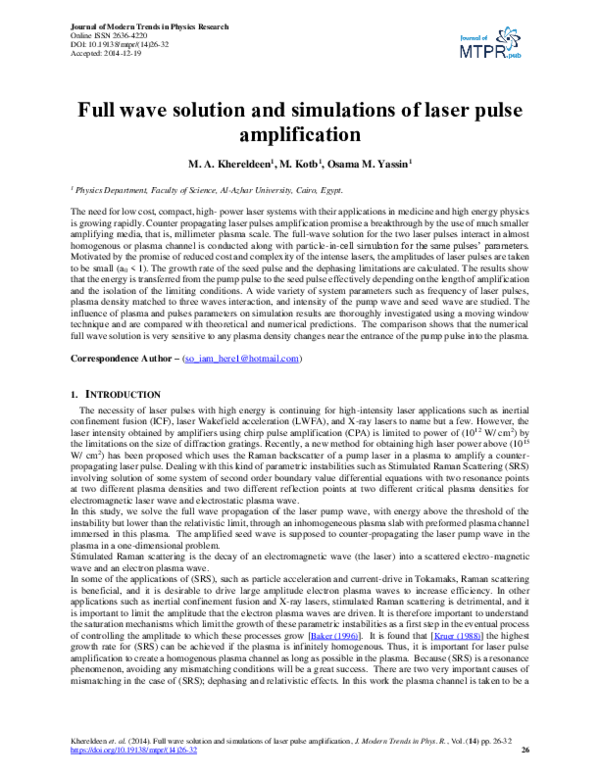 (PDF) Full wave solution and simulations of laser pulse amplification