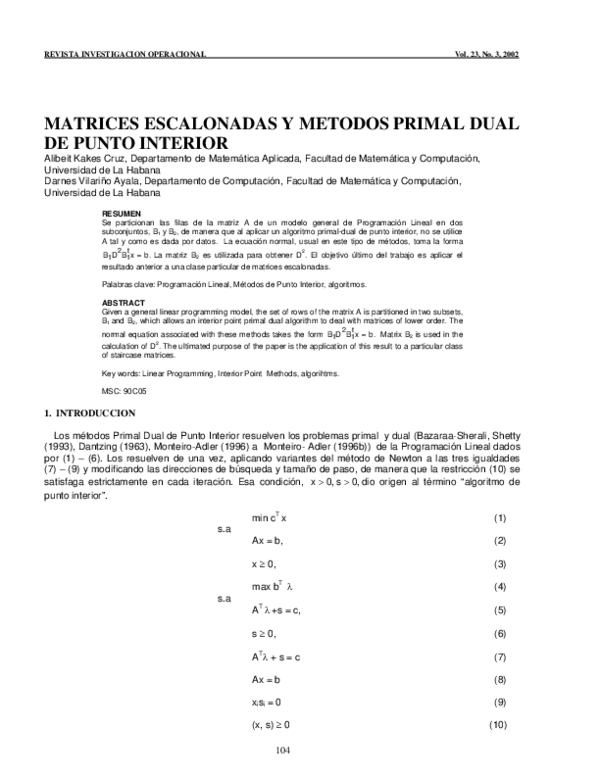 (PDF) Matrices escalonadas y métodos primal dual de punto interior