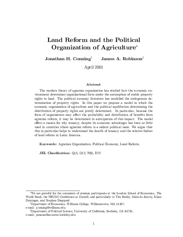 (PDF) Land Reform and the Political Organization of Agriculture