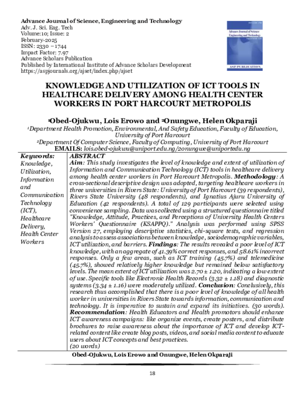 (PDF) KNOWLEDGE AND UTILIZATION OF ICT TOOLS IN HEALTHCARE DELIVERY ...