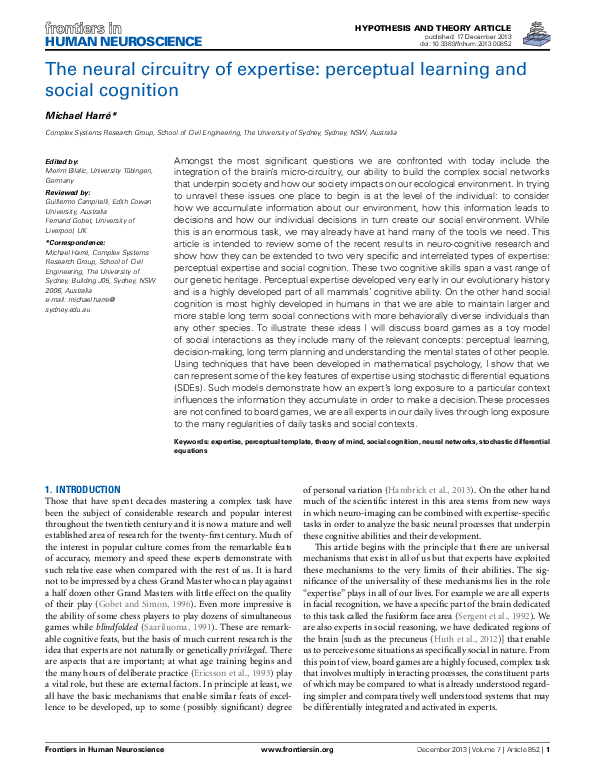(PDF) The neural circuitry of expertise: perceptual learning and social ...