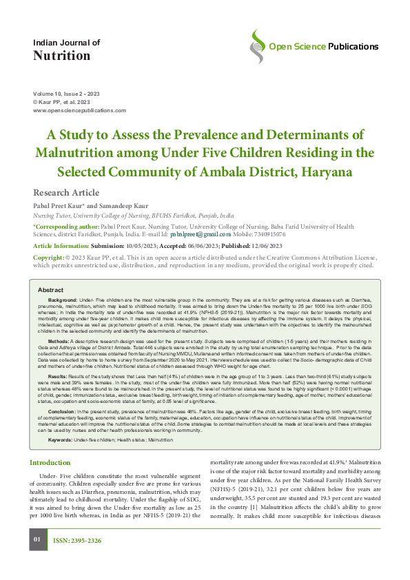 (PDF) A Study to Assess the Prevalence and Determinants of Malnutrition ...