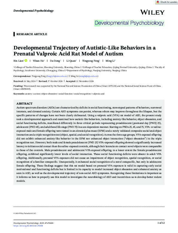 (PDF) Developmental Trajectory of Autistic-Like Behaviors in a Prenatal ...