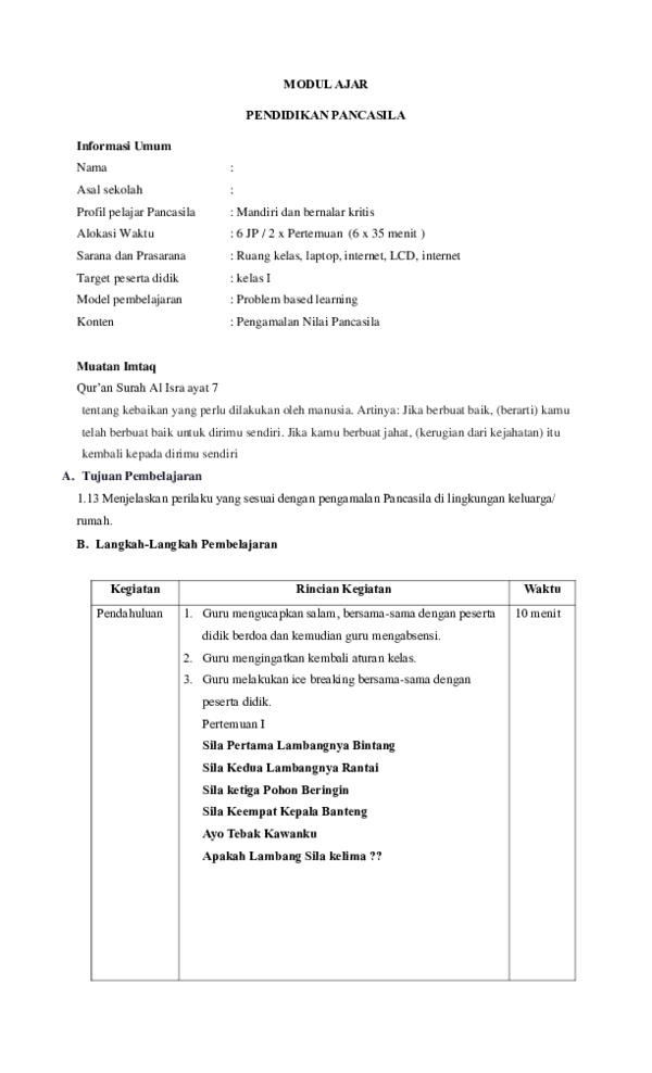 (PDF) MODUL AJAR PENDIDIKAN PANCASILA KELAS I SD SEMESTER 2