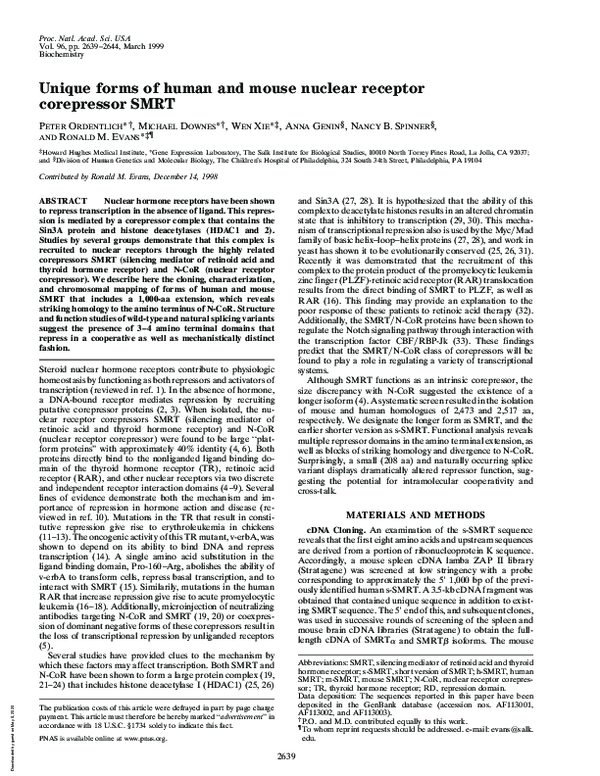(PDF) Unique forms of human and mouse nuclear receptor corepressor SMRT