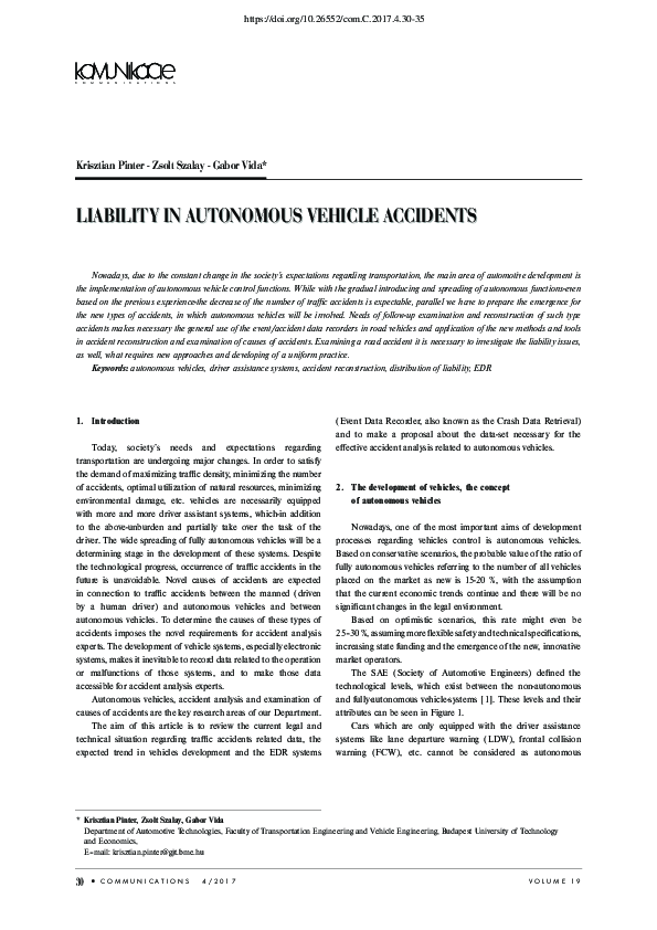 (PDF) Liability in Autonomous Vehicle Accidents Liability in Autonomous