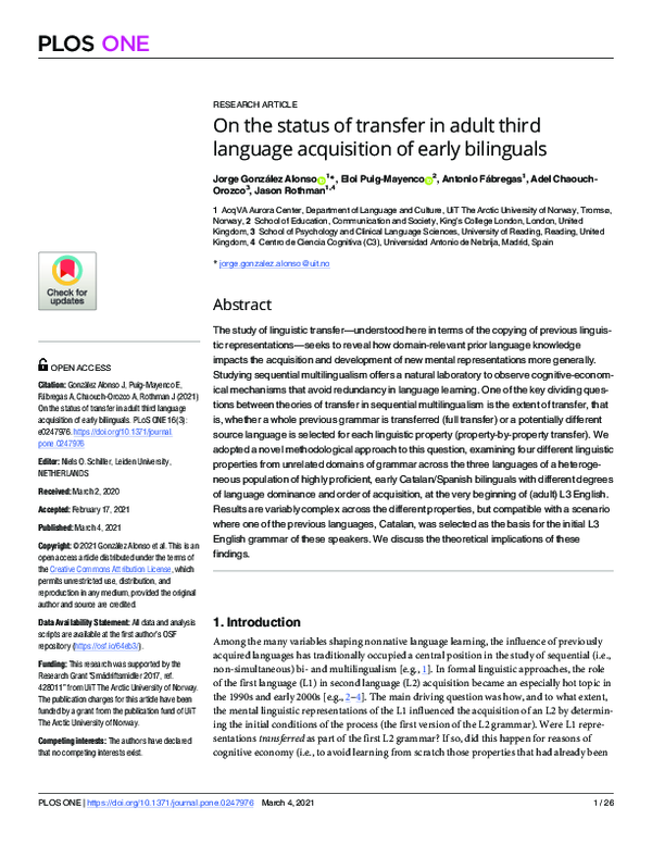 (PDF) On the status of transfer in adult third language acquisition of ...