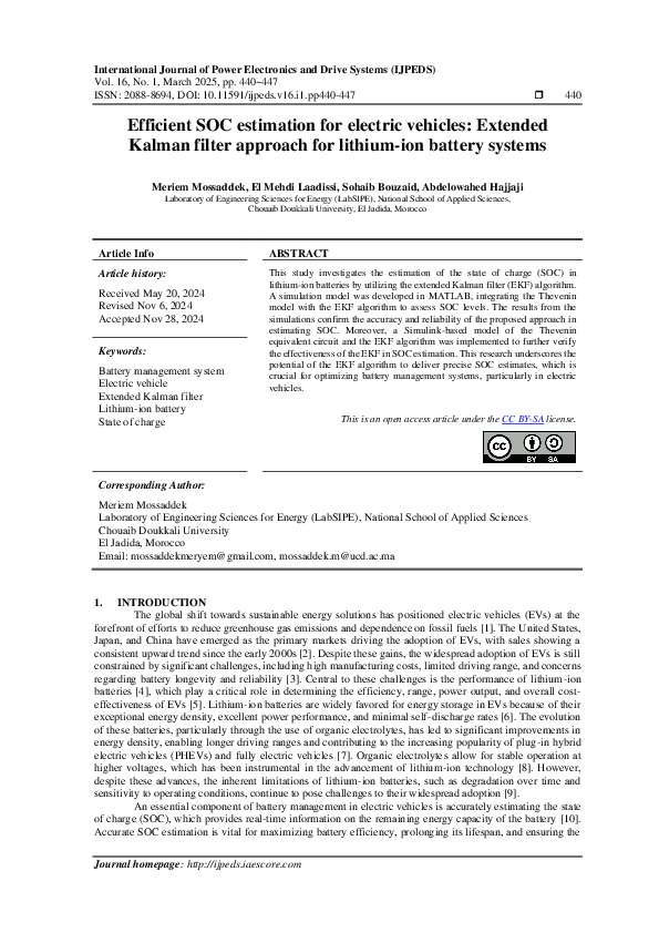 (PDF) Efficient SOC estimation for electric vehicles: Extended Kalman ...