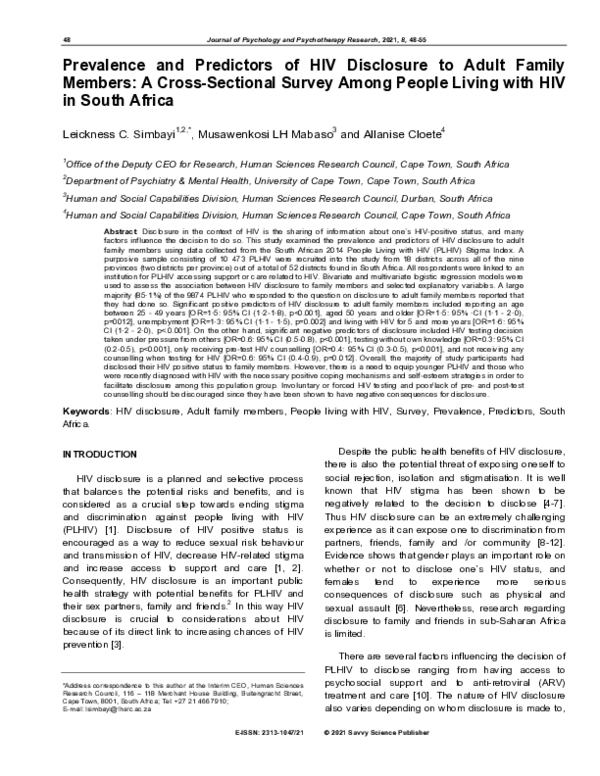 (PDF) Prevalence and Predictors of HIV Disclosure to Adult Family ...