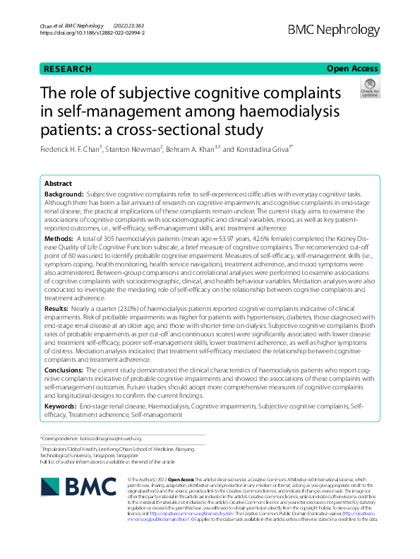(PDF) The role of subjective cognitive complaints in self-management ...