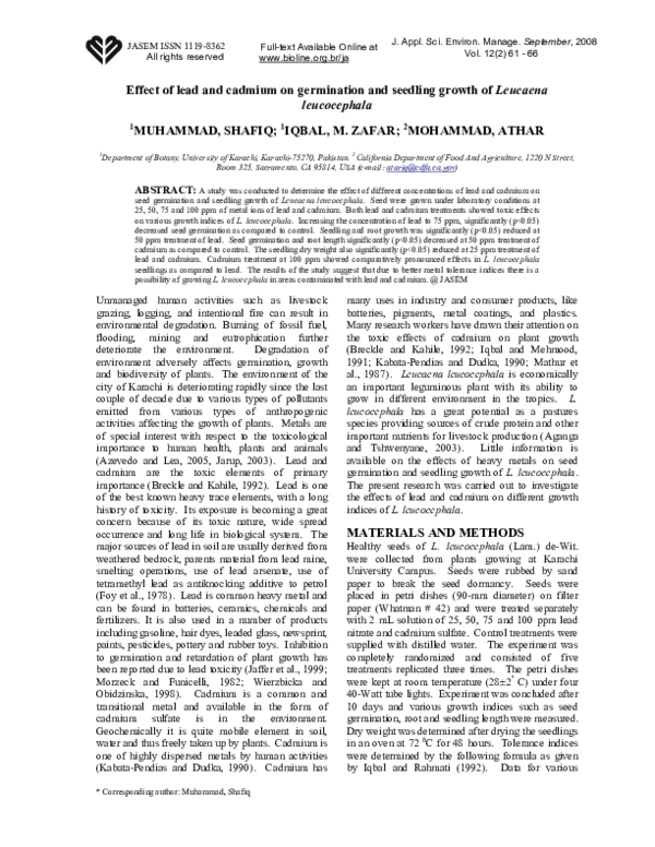 (PDF) Effect of lead and cadmium on germination and seedling growth of ...