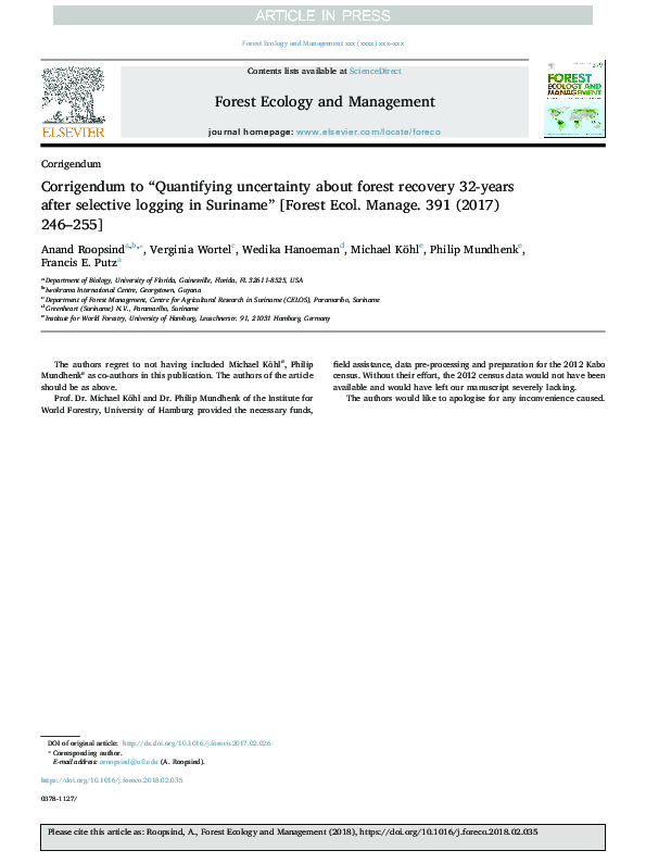 (PDF) Corrigendum to “Quantifying uncertainty about forest recovery 32 ...