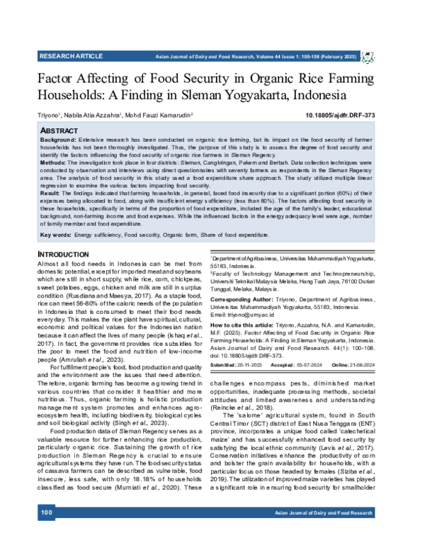 (PDF) Factor Affecting of Food Security in Organic Rice Farming ...