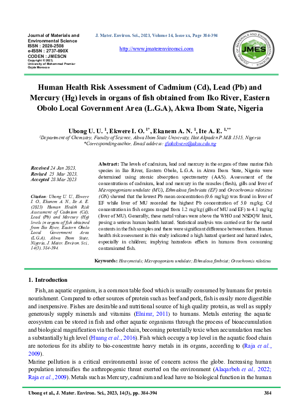 (PDF) Human Health Risk Assessment of Cadmium (Cd), Lead (Pb) and ...