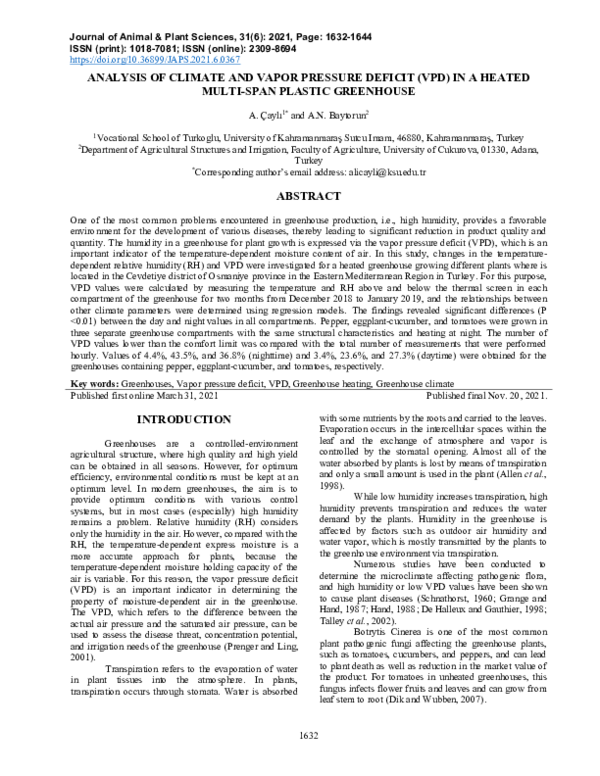 (PDF) ANALYSIS OF CLIMATE AND VAPOR PRESSURE DEFICIT (VPD) IN A HEATED ...