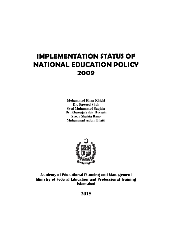 (PDF) IMPLEMENTATION STATUS OF NATIONAL EDUCATION POLICY 2009