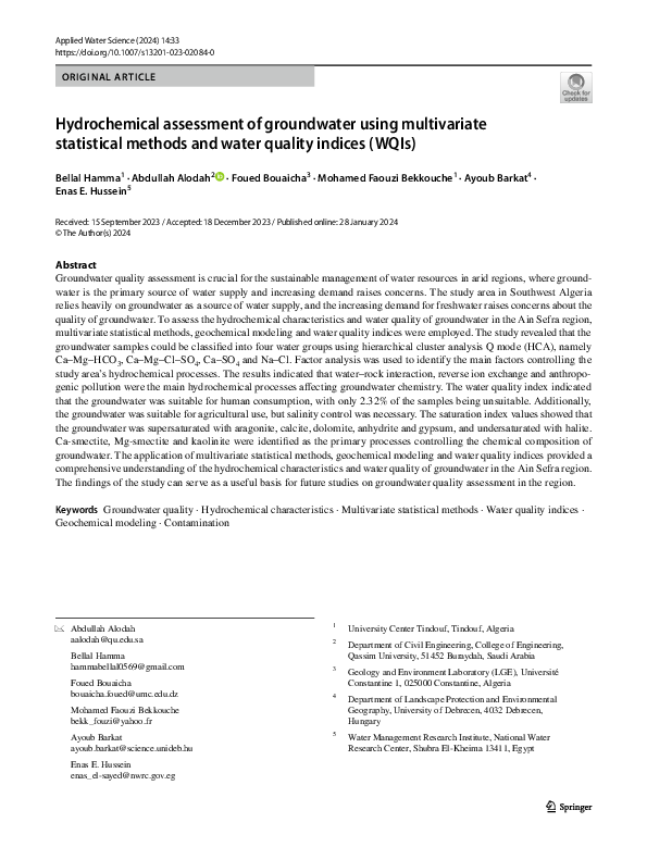 (PDF) Hydrochemical assessment of groundwater using multivariate ...