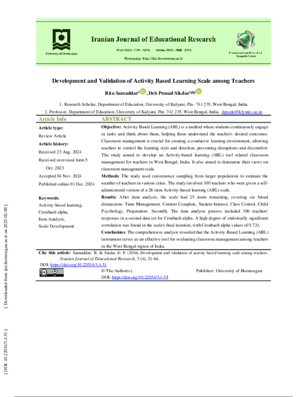 (PDF) Development and Validation of Activity Based Learning Scale among ...