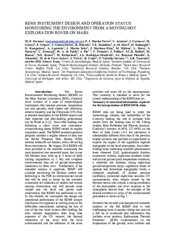 (PDF) REMS Instrument Design and Operation Status: Monitoring the ...