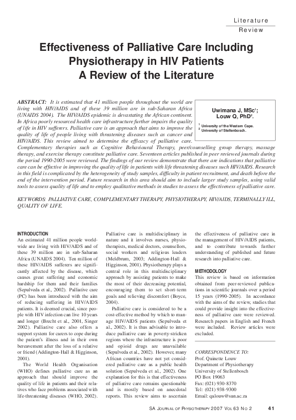 (PDF) Effectiveness of palliative care including physiotherapy in hiv ...