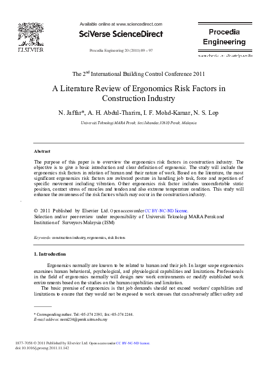 (PDF) A Literature Review of Ergonomics Risk Factors in Construction ...