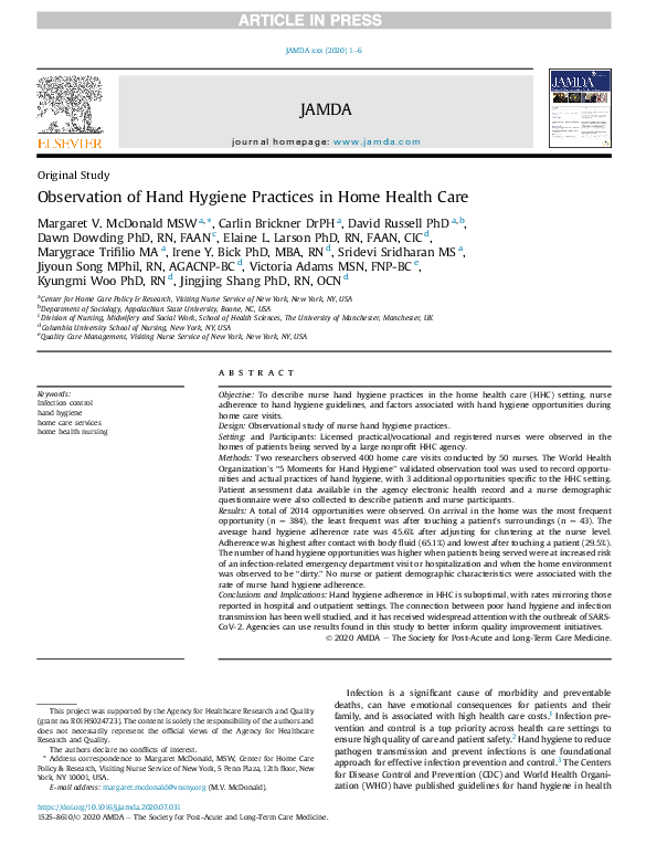 (PDF) Observation of Hand Hygiene Practices in Home Health Care