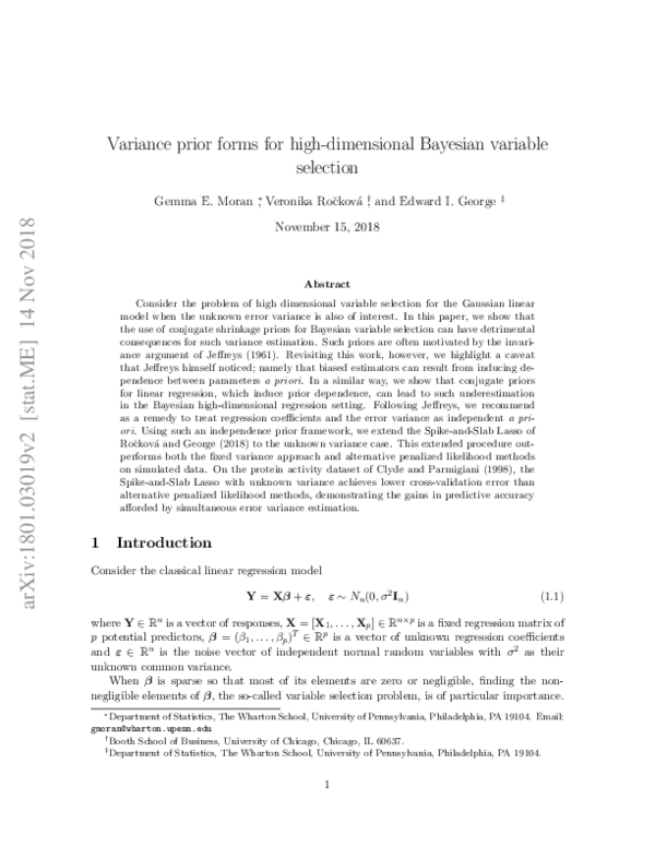 (PDF) Variance prior forms for high-dimensional Bayesian variable selection