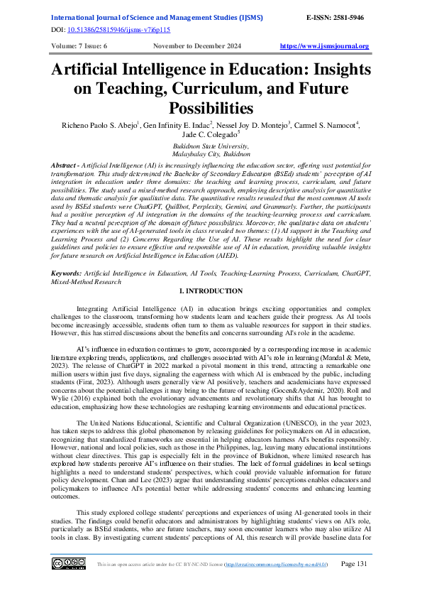(PDF) Artificial Intelligence in Education: Insights on Teaching ...