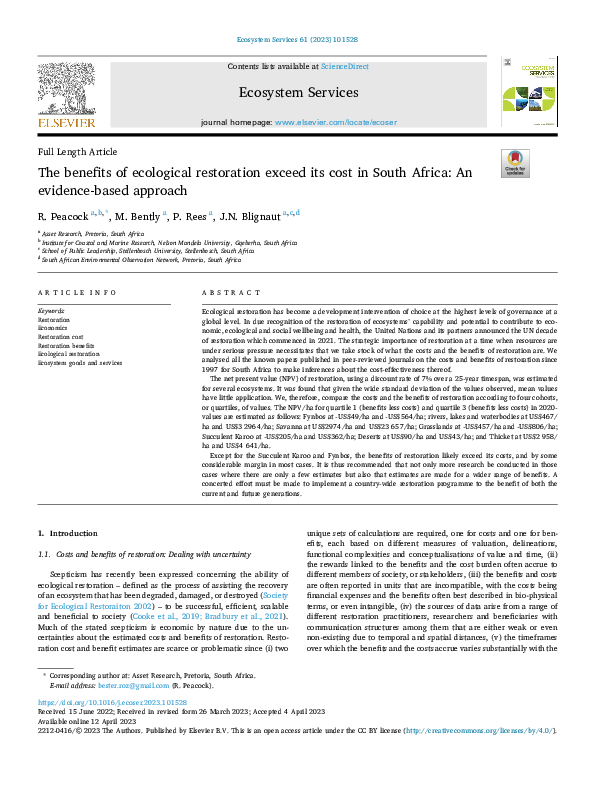 (PDF) The benefits of ecological restoration exceed its cost in South ...