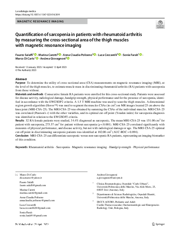 (PDF) Quantification of sarcopenia in patients with rheumatoid ...