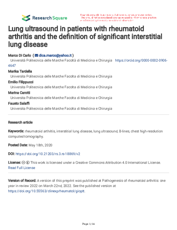 (PDF) Lung ultrasound in patients with rheumatoid arthritis: definition ...