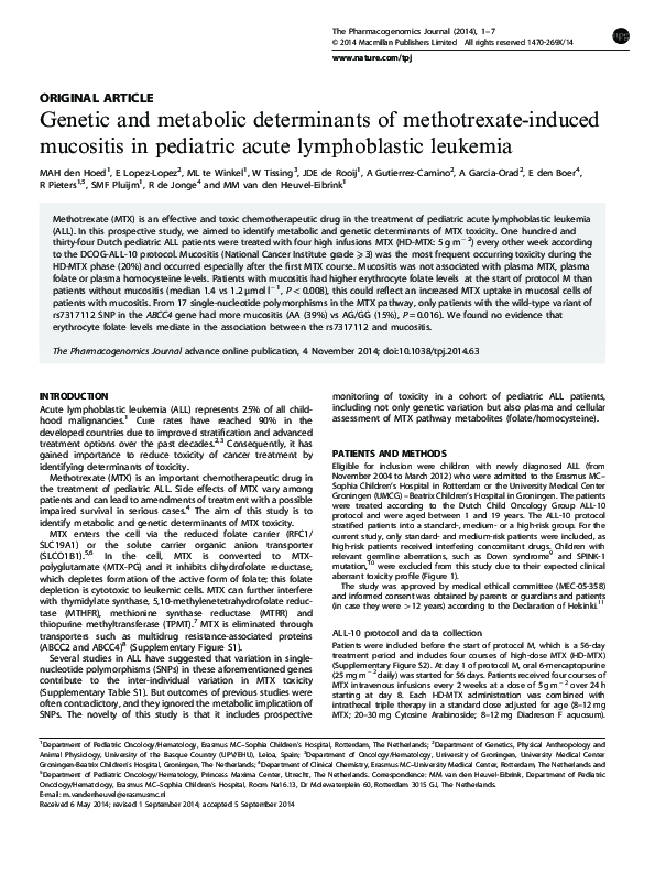(PDF) Genetic and Metabolic Determinants of Methotrexate Induced ...