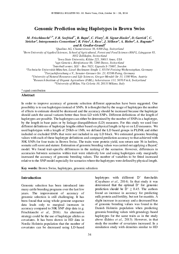 (PDF) Genomic Prediction using Haplotypes in Brown Swiss