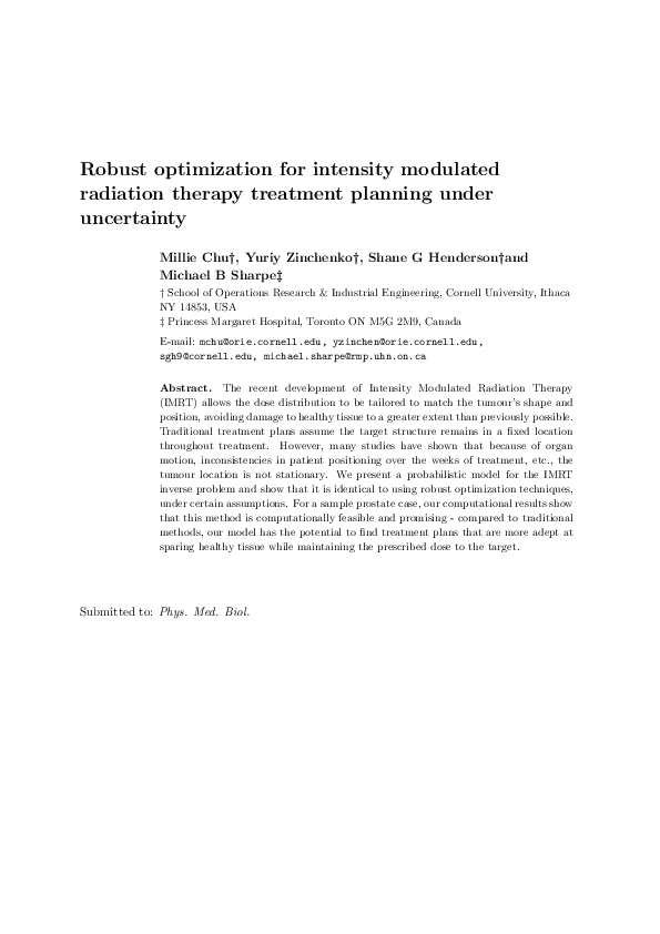 (PDF) Robust optimization for intensity modulated radiation therapy ...
