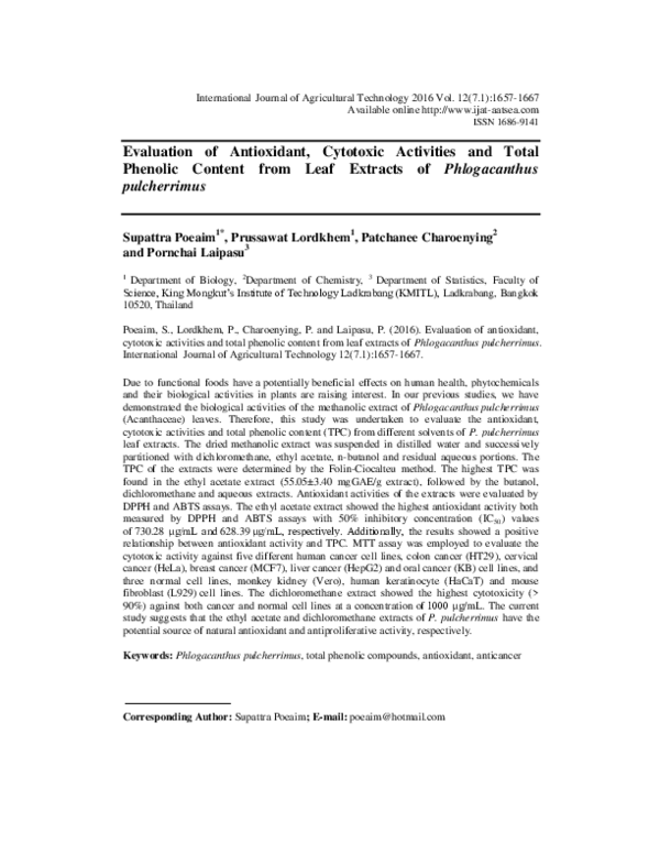 (PDF) Evaluation of Antioxidant , Cytotoxic Activities and Total ...