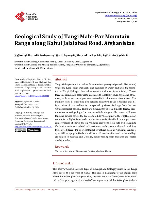 (PDF) Geological Study of Tangi Mahi-Par Mountain Range along Kabul ...